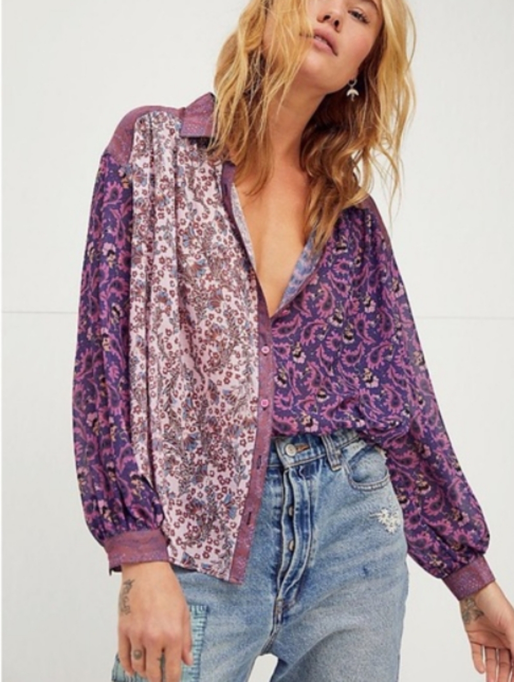 Free People Dani Mixed-Print Sheer Button-Down Shirt in Plum Floral Oversized